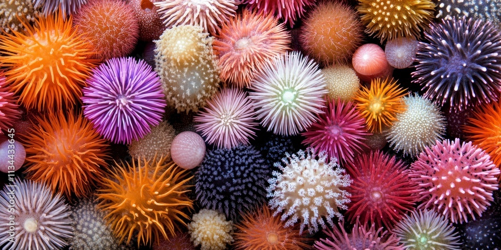 Colorful, spiky sea anemones clustered together. Colorful, spiky sea anemones clustered together.
