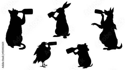 Stylish silhouette set of drunk animal
