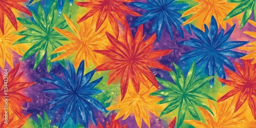 Colorful, floral pattern with spiky petals on a textured purple background.