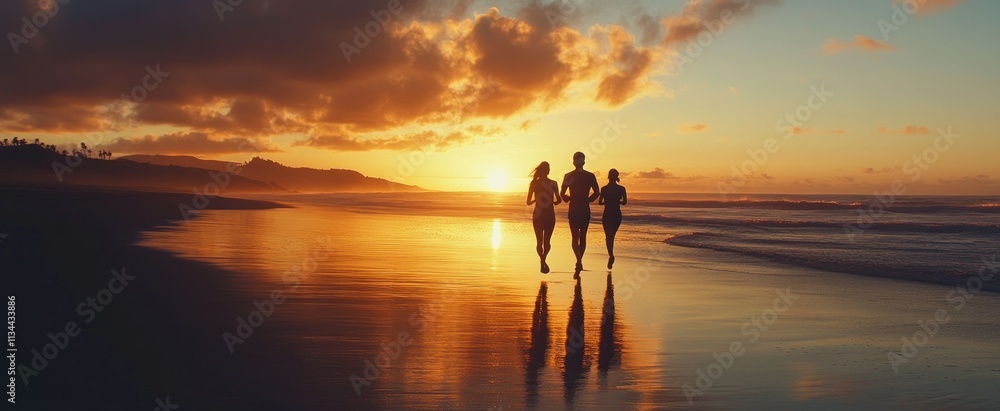 Three Silhouettes Jogging on a Beach at Sunset Three Silhouettes Jogging on a Beach at Sunset