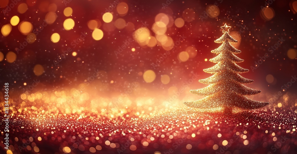 A golden Christmas tree made of glowing particles on a red background A golden Christmas tree made of glowing particles on a red background