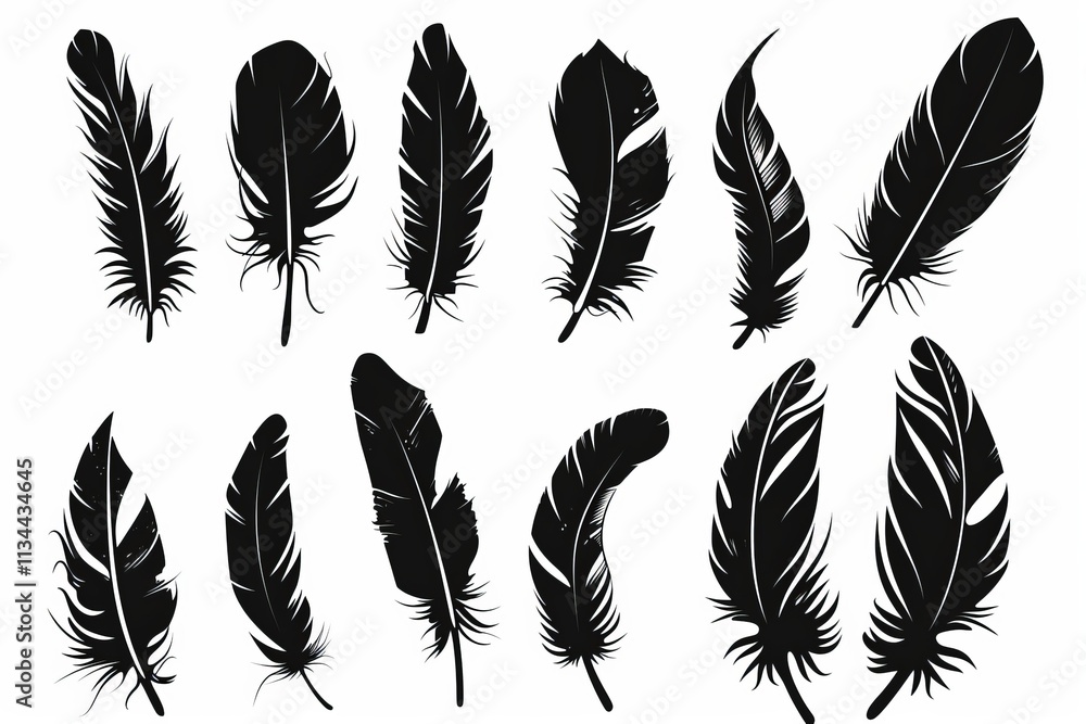 Feather icon, animal feathers isolated, black plume symbol, minimal plume silhouette on white Feather icon, animal feathers isolated, black plume symbol, minimal plume silhouette on white