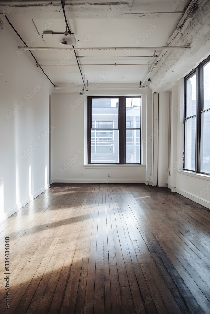 Empty Room with Large Windows and Wooden Floors
