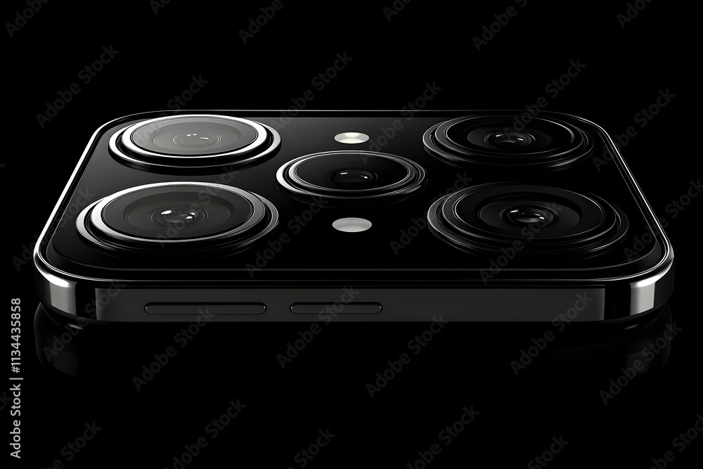 Fototapeta premium Close-up of a smartphone's five-lens camera system against a black background.