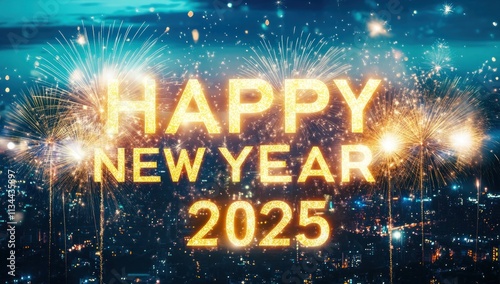 Sparkling "Happy New Year 2025" fireworks over city.