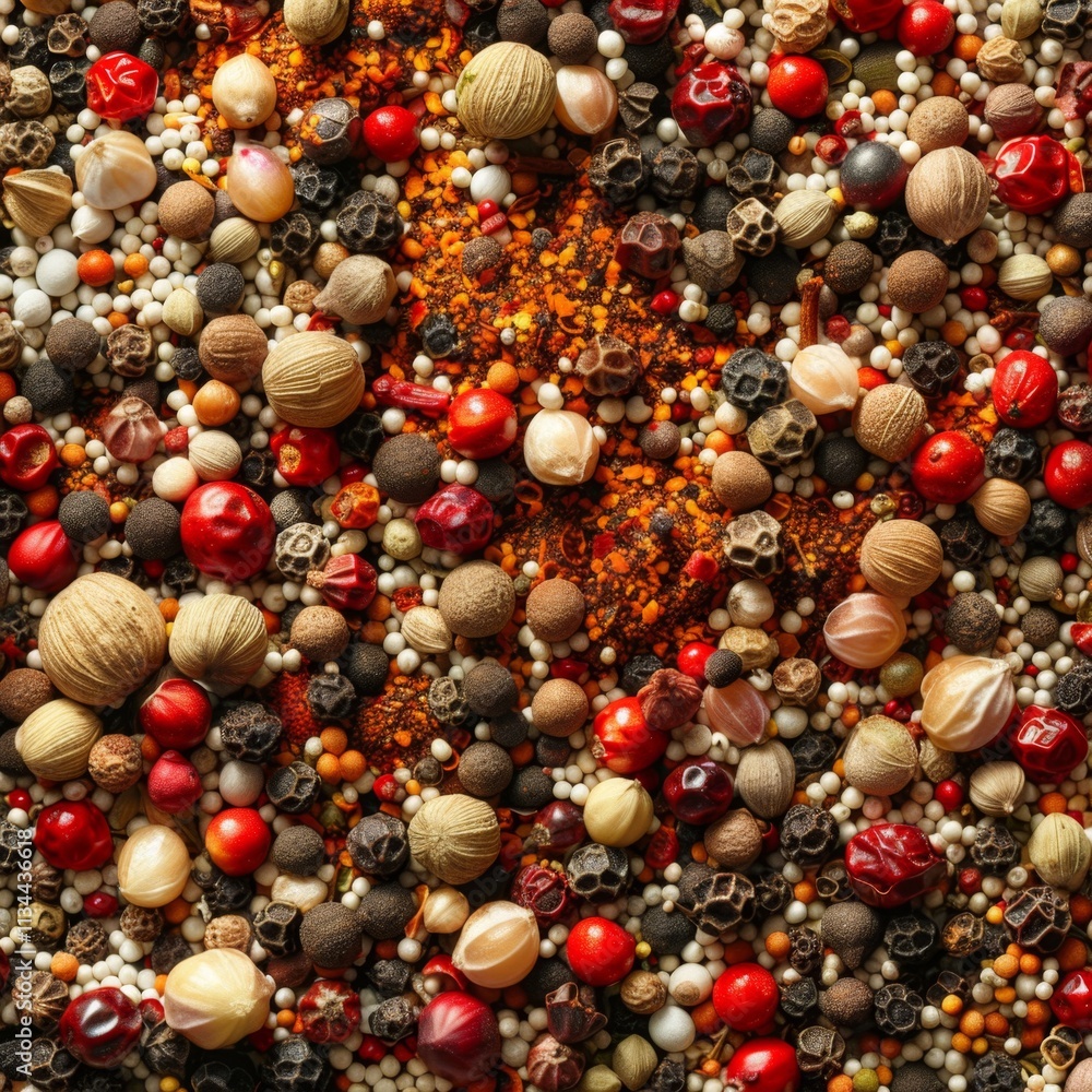Fototapeta premium Spices mix texture background, blended spice powders pattern, seasoned salts, saffron, anise