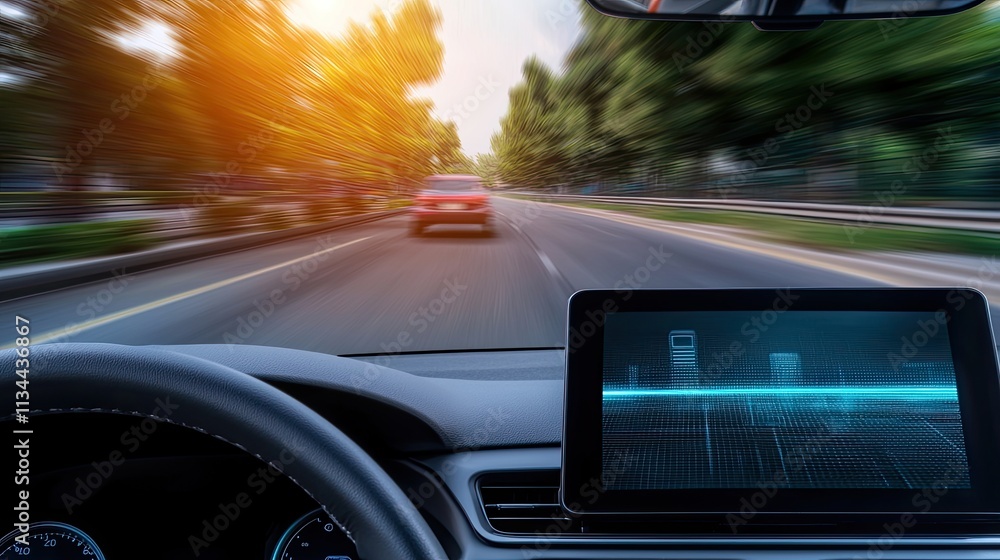 Electric cars electricity autonomous concept. Driving on a road with a digital display in the foreground and sunset lighting. Electric cars electricity autonomous concept. Driving on a road with a digital display in the foreground and sunset lighting.