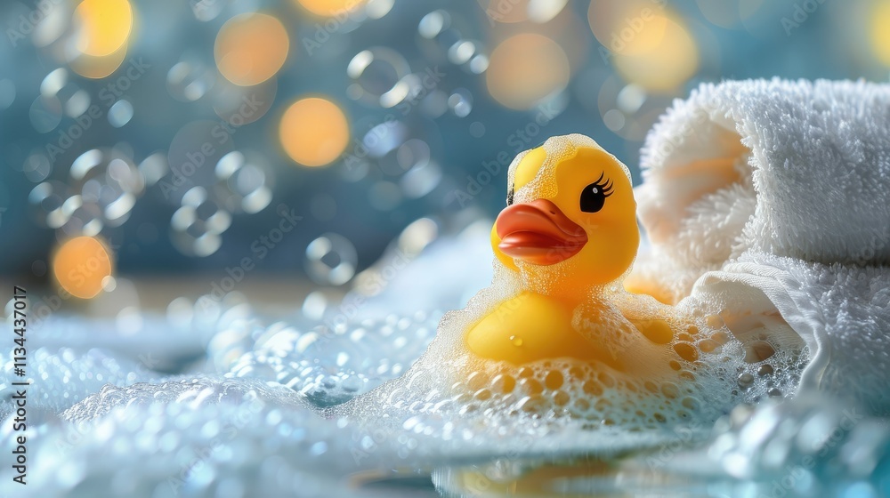A rubber duck floats in bubbly water with a towel nearby, creating a playful atmosphere. A rubber duck floats in bubbly water with a towel nearby, creating a playful atmosphere.