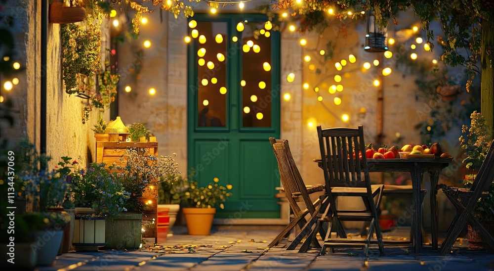 Obraz premium A cozy garden patio with twinkling fairy lights, lush greenery, and an outdoor table set for two