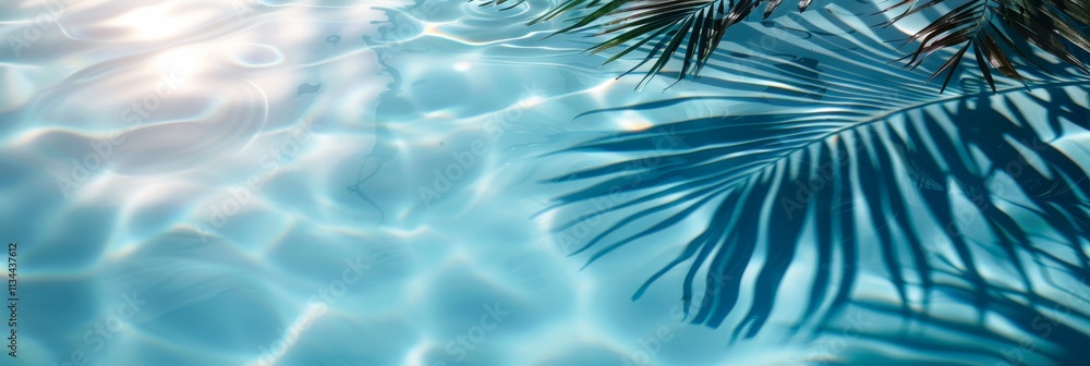 Obraz premium Palm tree shadows on blue water background, palm branch on beach pattern, lagoon, coral sand, paradise