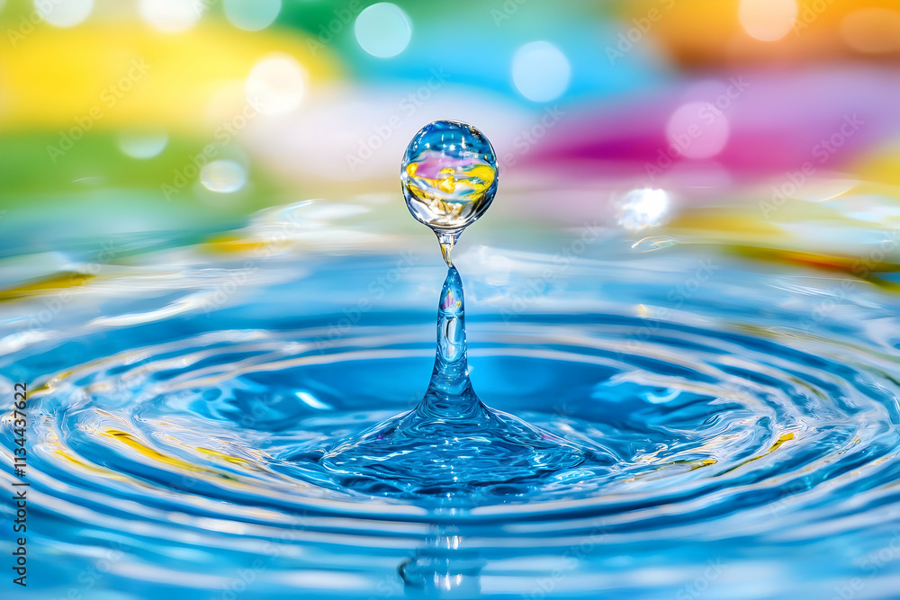 Close-up of a water drop impacting a surface, creating concentric ripples against a colorful bokeh background. Close-up of a water drop impacting a surface, creating concentric ripples against a colorful bokeh background.