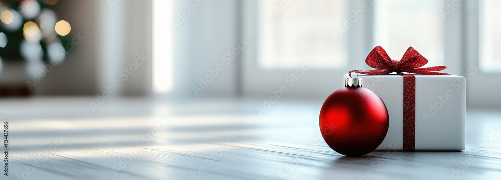 Minimalistic white background with a Christmas gift box and a red ornament on the right side Minimalistic white background with a Christmas gift box and a red ornament on the right side