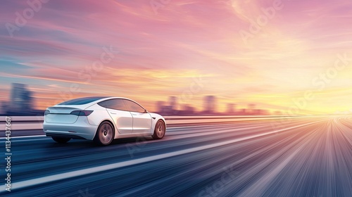 Electric cars electricity autonomous concept. A sleek white car drives on a highway at sunset, surrounded by vibrant colors.