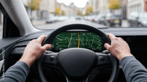 Electric cars electricity autonomous concept. A driver holds the steering wheel while navigating a digital map on the dashboard. photo