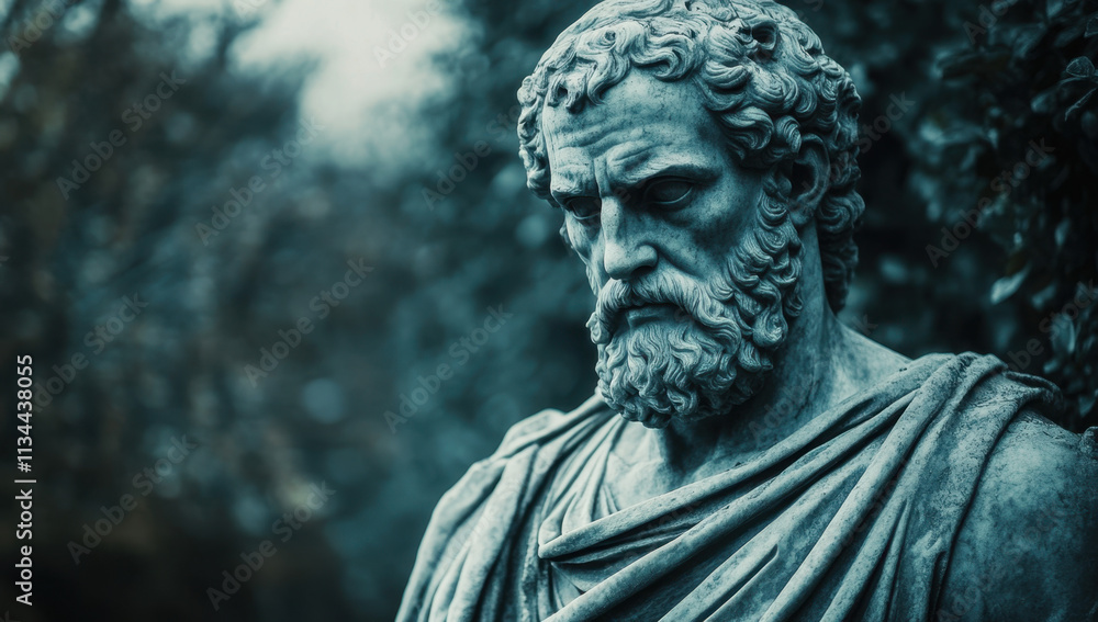 A detailed statue of a philosopher with a long beard and contemplative expression stands amidst greenery. The serene atmosphere evokes feelings of deep thought and reflection.