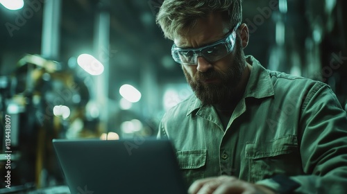 An industrial worker operating a computer in a technologically advanced workspace, emphasizing focus, precision, and modern industrial ambition. photo