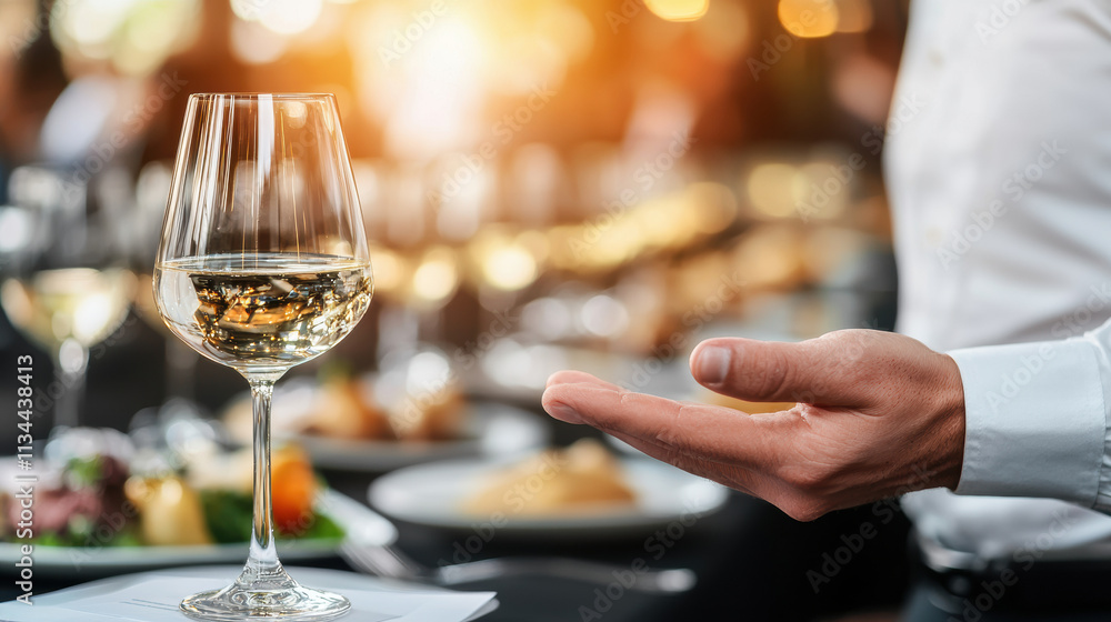Elegant business mixer with glass of white wine, showcasing refined ambiance and attentive service Elegant business mixer with glass of white wine, showcasing refined ambiance and attentive service