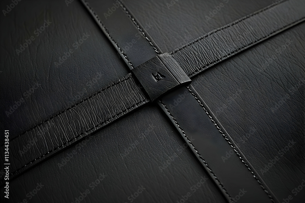 Close-up of black leather texture with straps and buckle. Close-up of black leather texture with straps and buckle.