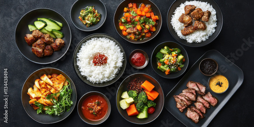 A variety of colorful Korean dishes are artfully arranged on black plates. The spread includes rice, meat, pickled vegetables, and fresh ingredients, showcasing vibrant flavors.