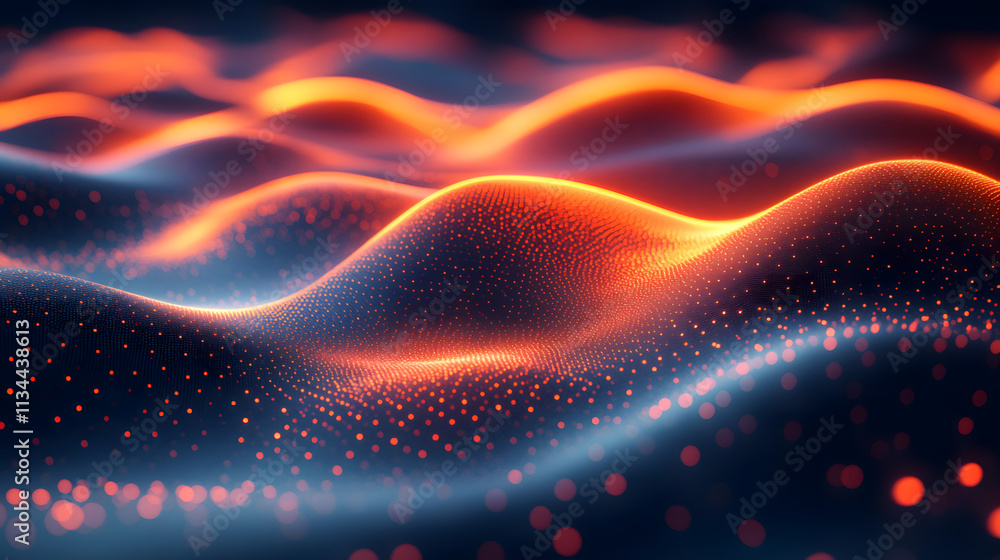 3D render of an abstract fluid wave with glowing particles and soft blue tones, creating a dynamic and futuristic aesthetic.
3D render of an abstract fluid wave with glowing particles and soft blue tones, creating a dynamic and futuristic aesthetic.
