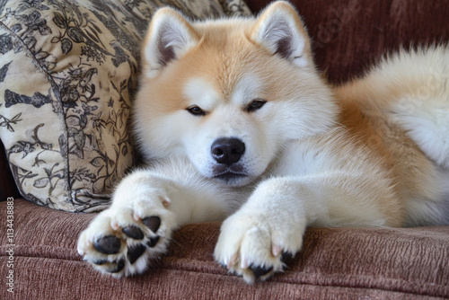 Dog relaxing on couch with paws turned up photo