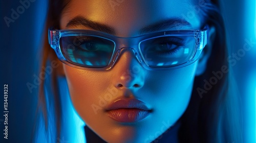 Futuristic portrait of a woman in glowing blue glasses