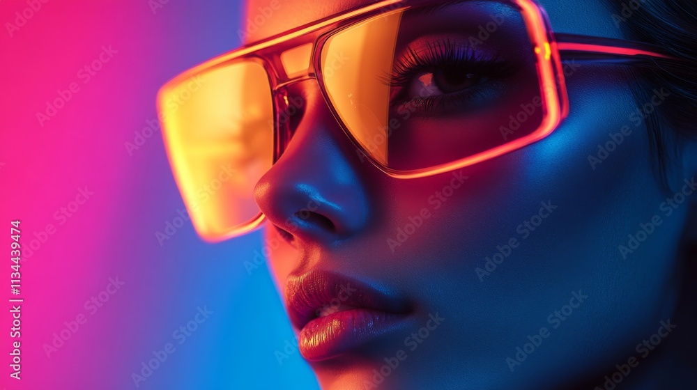 Stylish woman wearing orange futuristic sunglasses in a bold portrait Stylish woman wearing orange futuristic sunglasses in a bold portrait