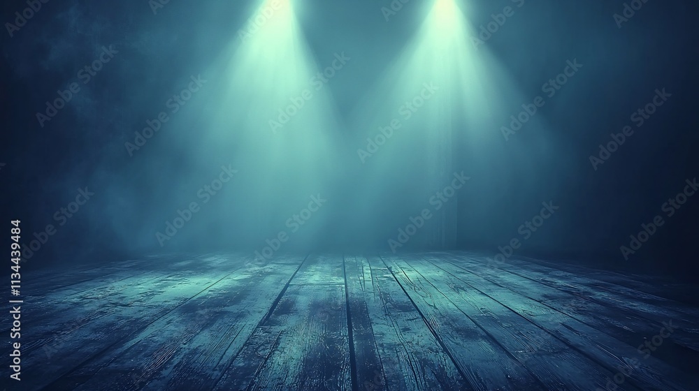 Dramatic Dark Moody Spotlight Beams on Empty Wooden Floor Stage Dramatic Dark Moody Spotlight Beams on Empty Wooden Floor Stage