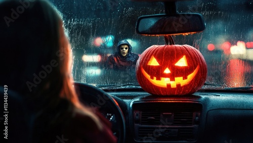 Wallpaper Mural Spooky Halloween night drive, woman sees scary figure in rearview mirror with lit jack-o'-lantern on dashboard. Torontodigital.ca