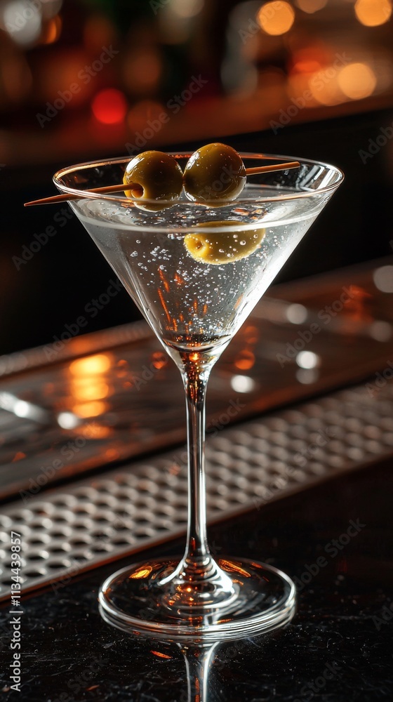 Classic martini glass with olives on bar counter Classic martini glass with olives on bar counter