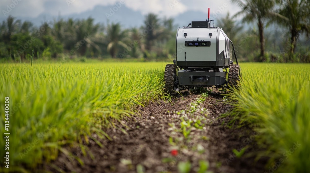 Tractor driving through vibrant green field in rural area Tractor driving through vibrant green field in rural area