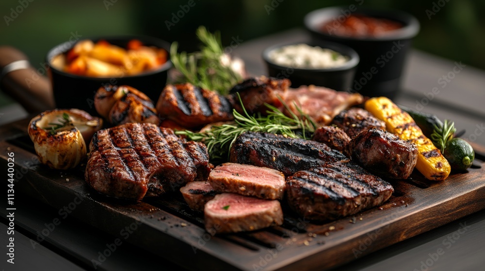 Grilled meat and vegetables on serving platter Grilled meat and vegetables on serving platter