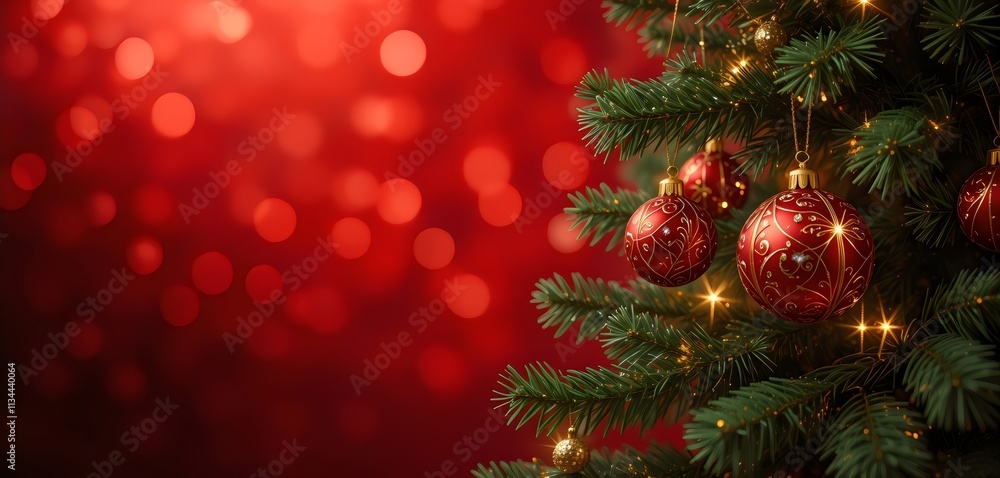 Obraz premium Christmas Tree In Red Shiny Glittering Background - Baubles Hanging On Fir With Abstract Lights