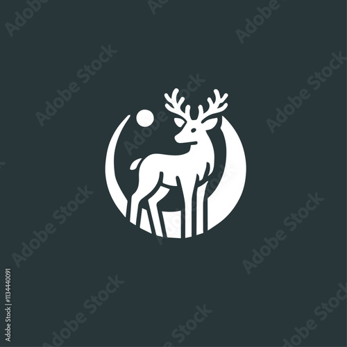 Elegant white deer head logo on a dark background. Deer Silhouette Logo with Circle Design - Wildlife and Nature Symbol. photo