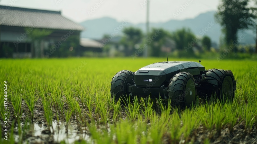 Futuristic black robotic vehicle in a lush green rice field Futuristic black robotic vehicle in a lush green rice field