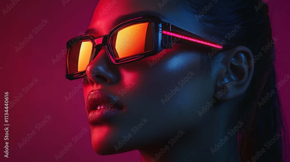 Portrait of a futuristic woman with glowing red glasses Portrait of a futuristic woman with glowing red glasses