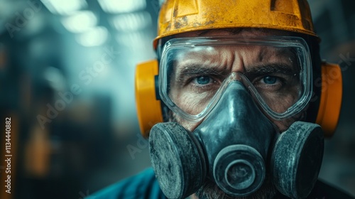 Portrait of a worker wearing a safety helmet and gas mask