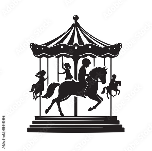 children riding horse on a carousel silhouette vector illustration
