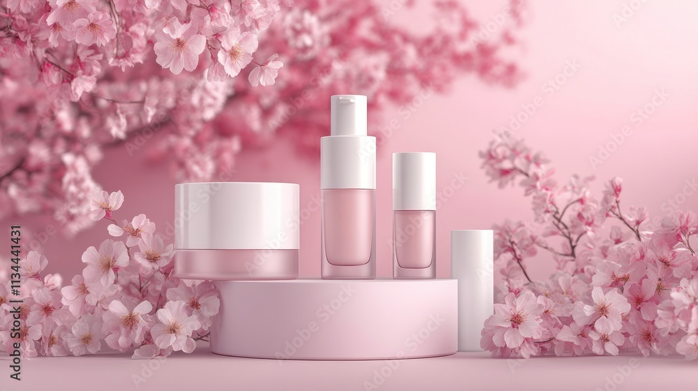 Pink cosmetic products displayed amongst cherry blossoms Pink cosmetic products displayed amongst cherry blossoms