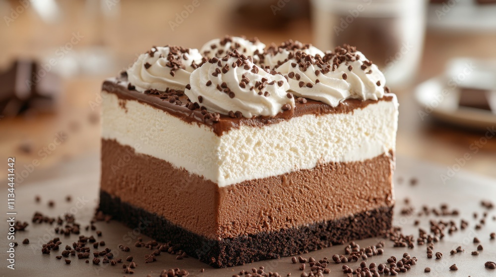 Close-up of a chocolate layered cake with cream topping Close-up of a chocolate layered cake with cream topping