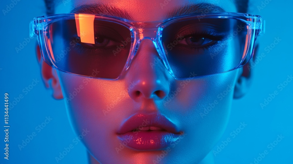 Fashionable woman in neon glasses under vibrant blue light Fashionable woman in neon glasses under vibrant blue light