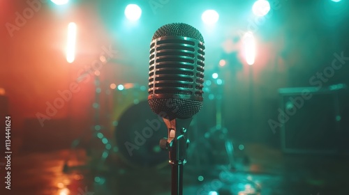 A vintage-style microphone poised on stage with colored lights and a drum set in the background, setting the scene for an atmospheric live music performance. photo