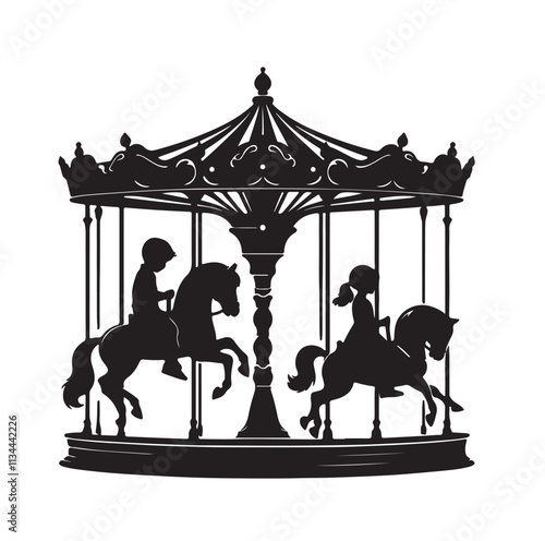 children riding horse on a carousel silhouette vector illustration