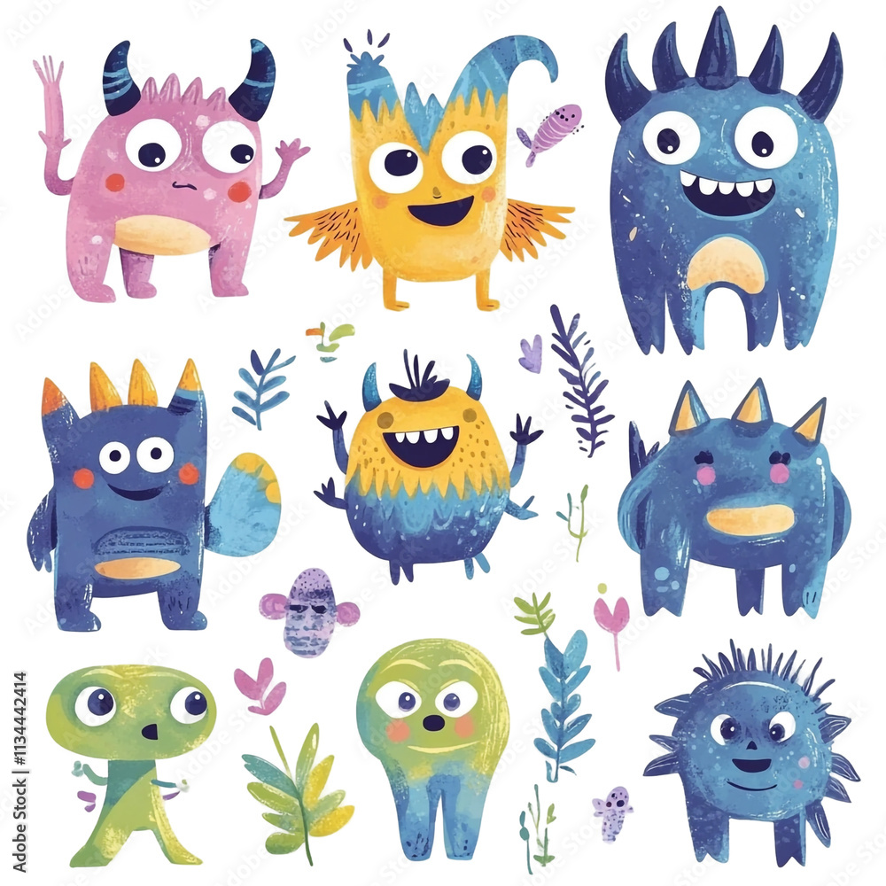 Playful Monster Collection: A whimsical illustration featuring a diverse group of friendly cartoon monsters in vibrant colors. Playful Monster Collection: A whimsical illustration featuring a diverse group of friendly cartoon monsters in vibrant colors.