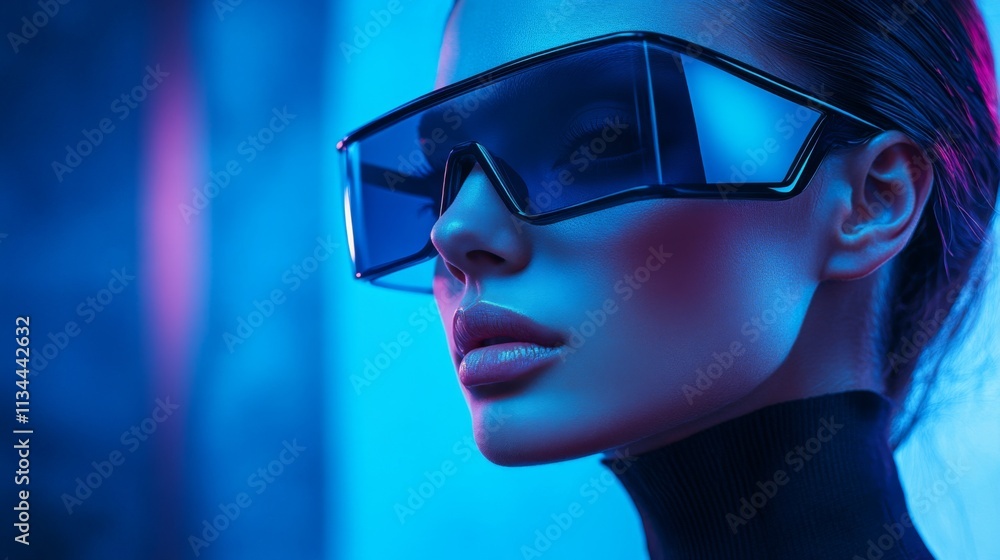 Fashionable woman in reflective glasses with blue neon lighting Fashionable woman in reflective glasses with blue neon lighting