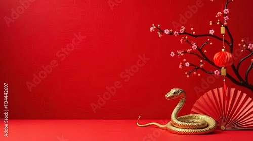 Happy Chinese New Year 2025 banner template. Golden snake with red paper fans and cherry blossom branch on red background. Traditional holiday lunar New Year, year of the snake concept. photo