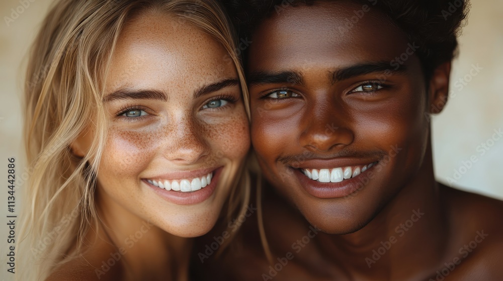 A joyful couple smiling together, showcasing friendship and connection. A joyful couple smiling together, showcasing friendship and connection.