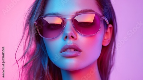 A futuristic portrait of a woman with bold pink sunglasses and glowing accents