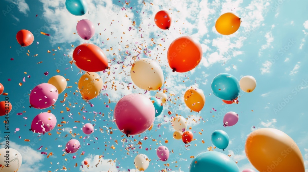 A cluster of colorful balloons floating against a blurred festive background A cluster of colorful balloons floating against a blurred festive background