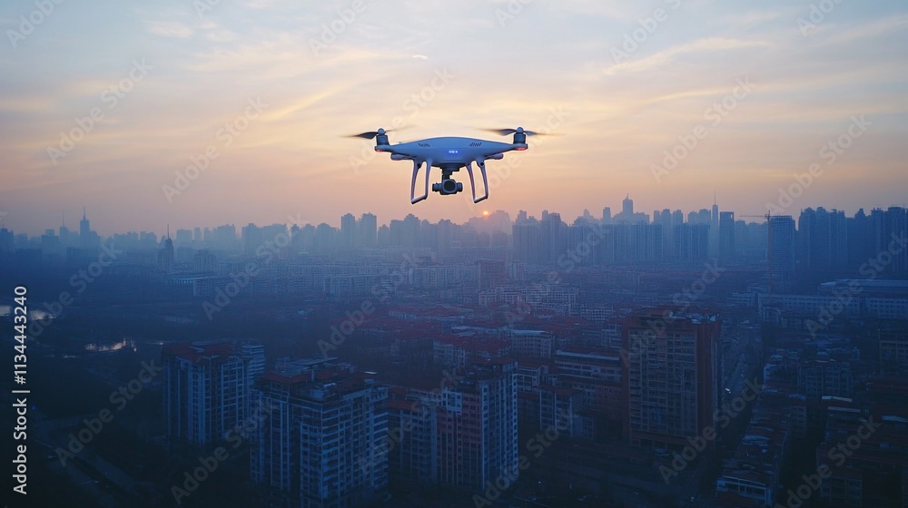 Drone flying over a cityscape during twilight Drone flying over a cityscape during twilight